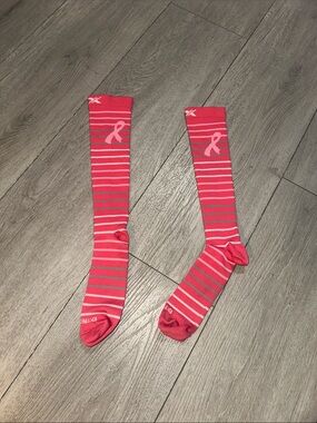 Pink Striped Compression Knee-High Socks with Breast Cancer Ribbon